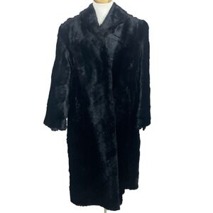 Vintage Lapin Fur Coat Womens (L) Black Bell Sleeve Hidden Button Pockets